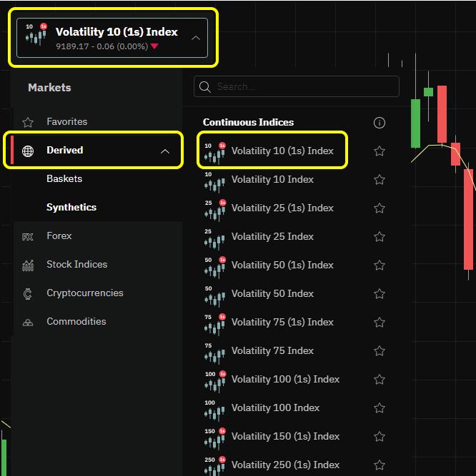 Select the volatility 10 (1s) index in Deriv Trader